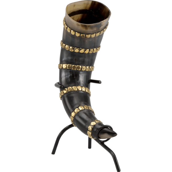 Brass Banded Drinking Horn With Stand