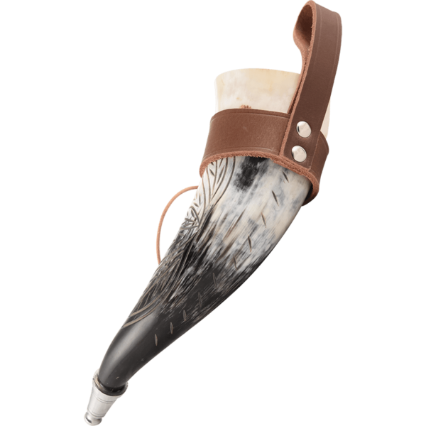 Carved Leaves Drinking Horn with Holder