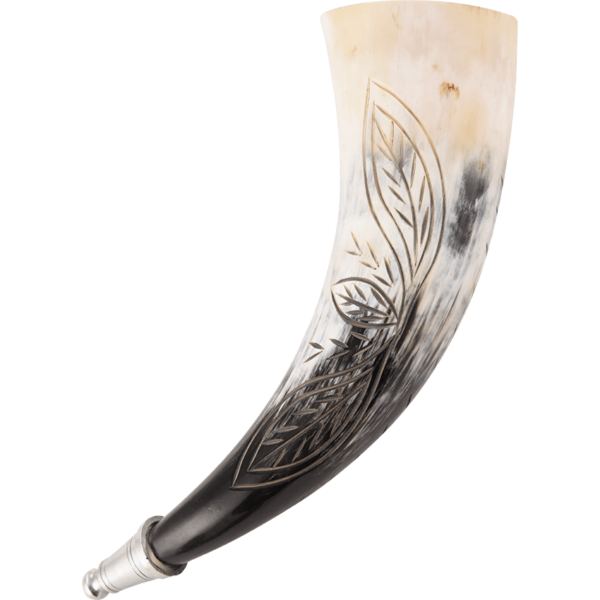 Carved Leaves Drinking Horn with Holder