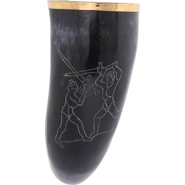 Engraved Sword Fight Drinking Horn