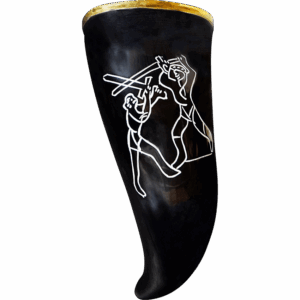Engraved Sword Fight Drinking Horn