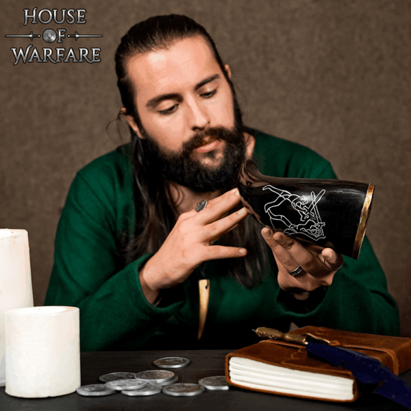 Engraved Sword Fight Drinking Horn