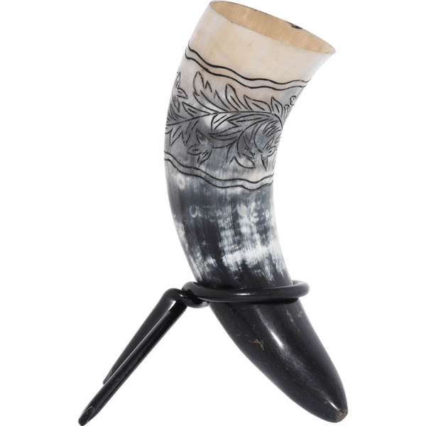 Floral Engraved Drinking Horn with Stand