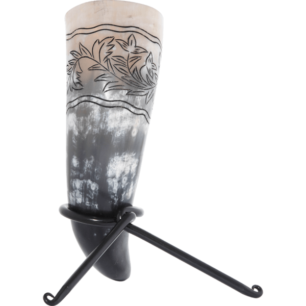 Floral Engraved Drinking Horn with Stand