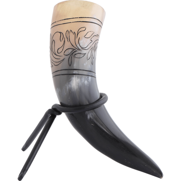 Floral Etched Drinking Horn with Stand