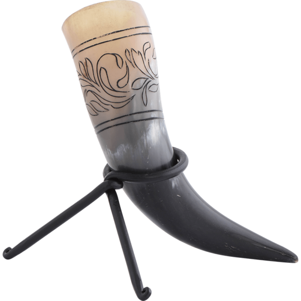 Floral Etched Drinking Horn with Stand