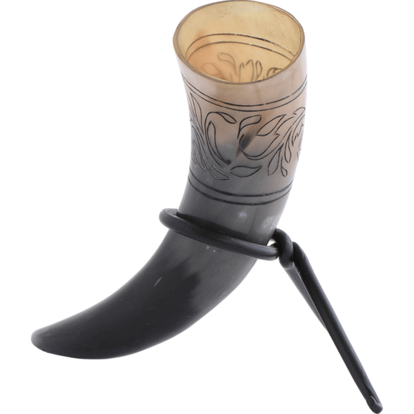 Floral Etched Drinking Horn with Stand