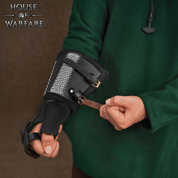 Leather Gauntlet with Chainmail Cuff - Black