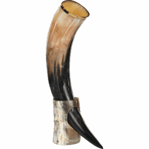 Brass Trim Drinking Horn with Horn Stand