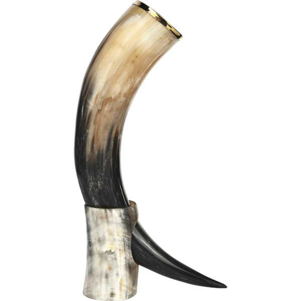 Brass Trim Drinking Horn with Horn Stand