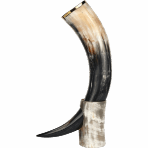 Brass Trim Drinking Horn with Horn Stand