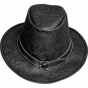 Handcrafted Embossed Leather Hat - Black