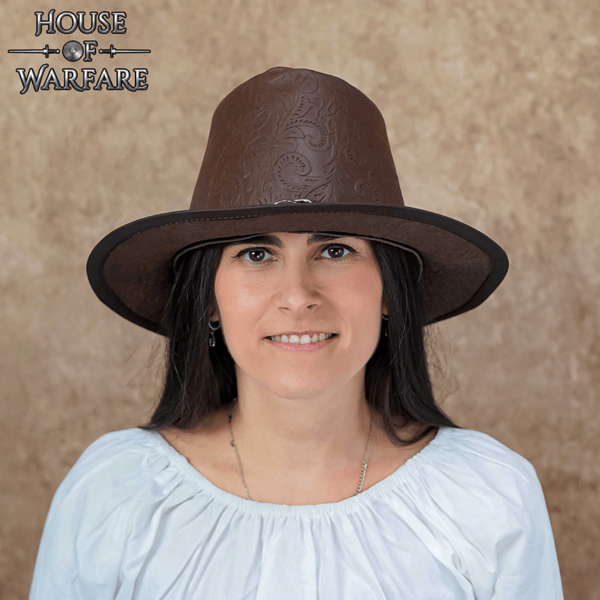 Handcrafted Embossed Leather Hat - Brown