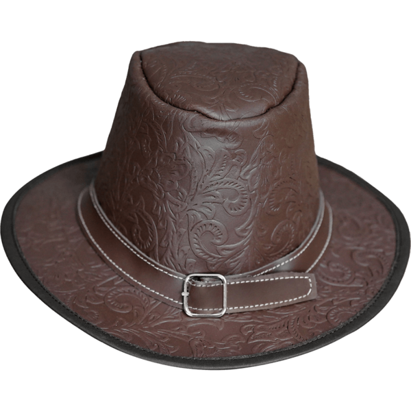 Handcrafted Embossed Leather Hat - Brown