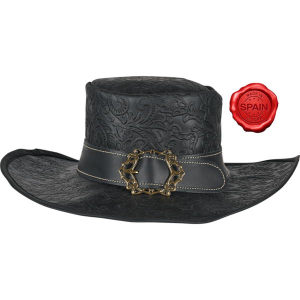 Embossed Leather Wide Brim Hat - Black