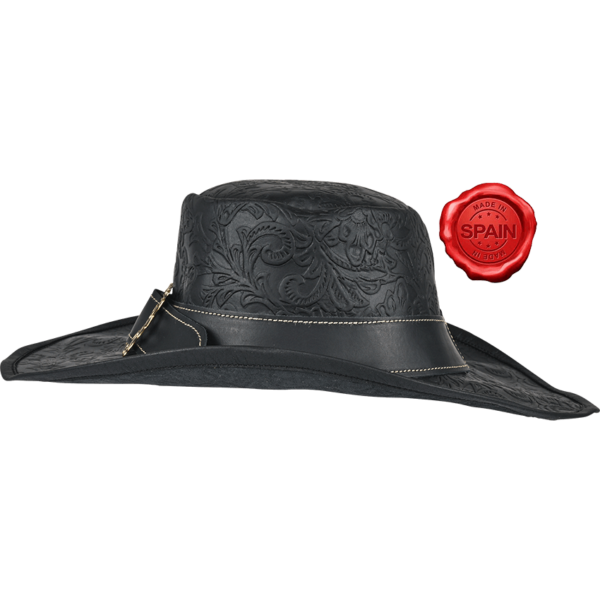 Embossed Leather Wide Brim Hat - Black