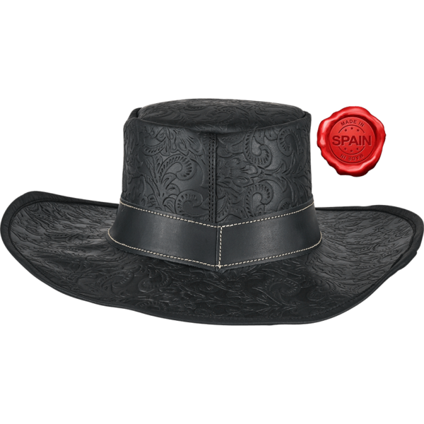 Embossed Leather Wide Brim Hat - Black