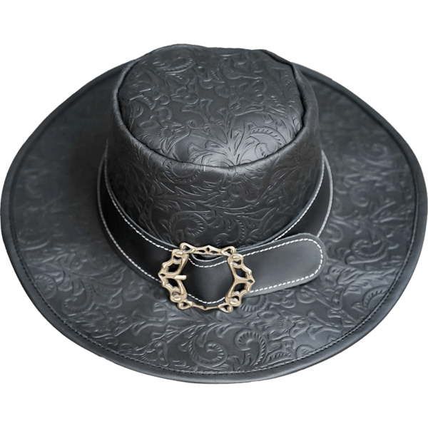 Embossed Leather Wide Brim Hat - Black