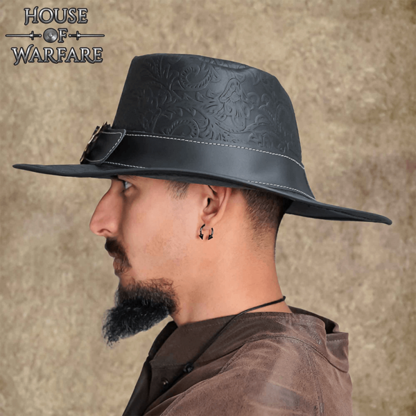 Embossed Leather Wide Brim Hat - Black - Image 7