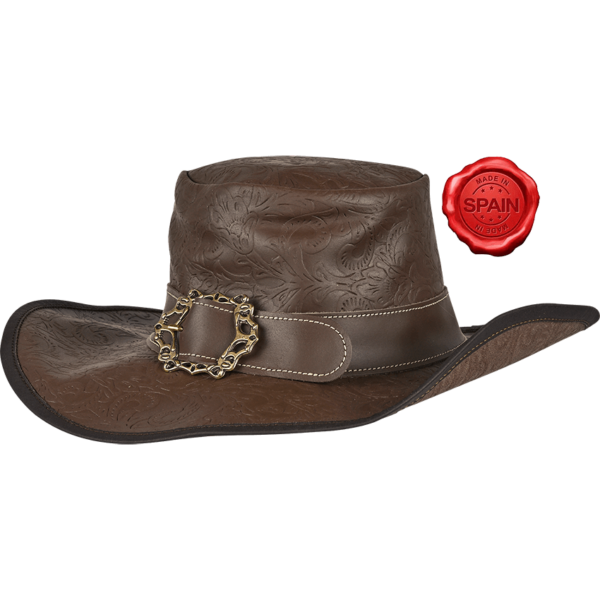 Embossed Leather Wide Brim Hat - Brown