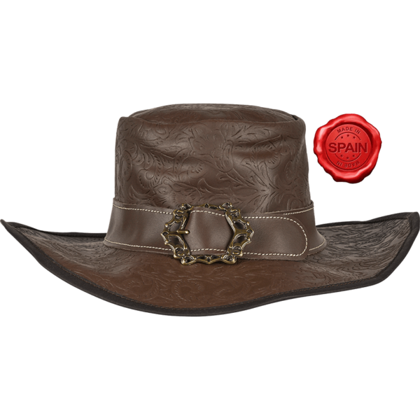 Embossed Leather Wide Brim Hat - Brown