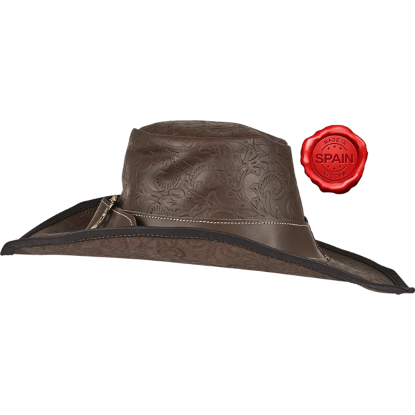 Embossed Leather Wide Brim Hat - Brown