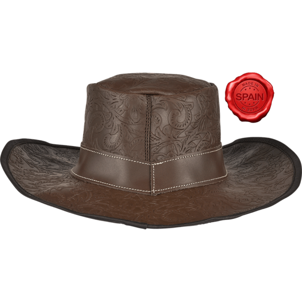 Embossed Leather Wide Brim Hat - Brown