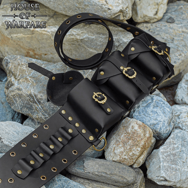 Triple Pouch Leather Belt - Black