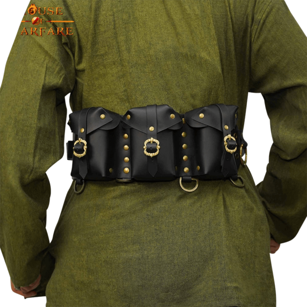 Triple Pouch Leather Belt with Glass Vials - Black