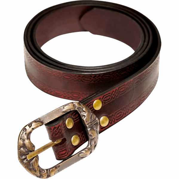 Medieval Leather Belt with Knotwork Borders - Maroon