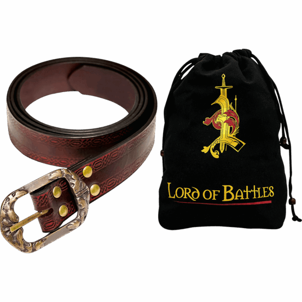 Medieval Leather Belt with Knotwork Borders - Maroon