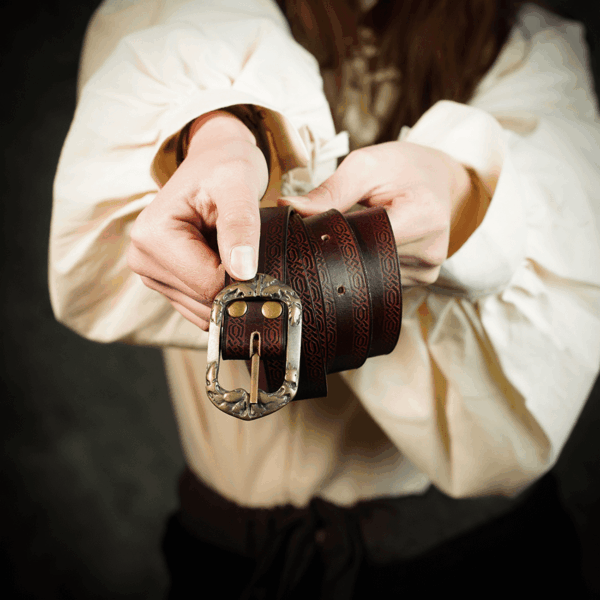 Medieval Leather Belt with Knotwork Borders - Maroon