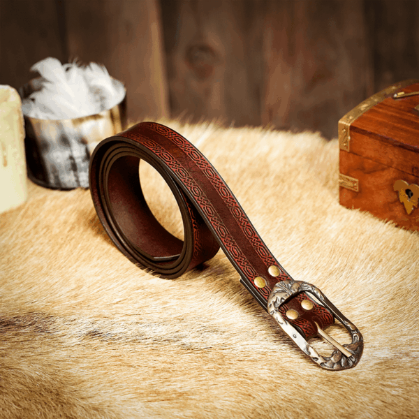 Medieval Leather Belt with Knotwork Borders - Maroon