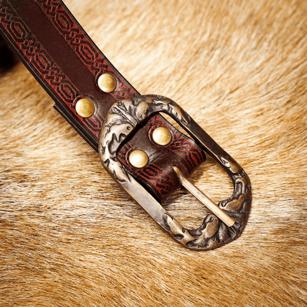 Medieval Leather Belt with Knotwork Borders - Maroon