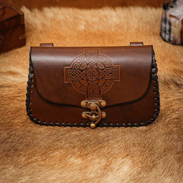 Embossed Celtic Cross Leather Bag - Brown