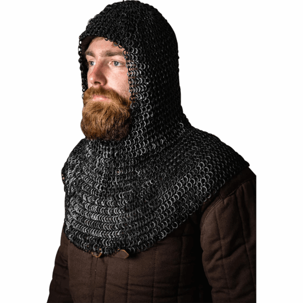 Blackened Riveted Chainmail Coif - 9mm Flat Rings