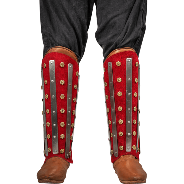 Steel and Suede Noble Splinted Greaves - Red