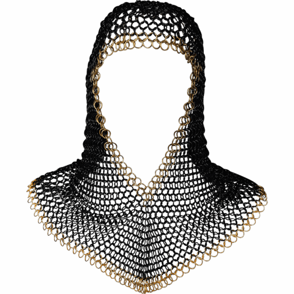 Brass Trim Blackened Steel Chainmail Coif
